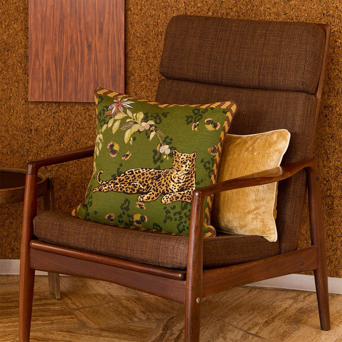 Kaki Yves Delorme Orchidia Decorative Pillow on a modern chair