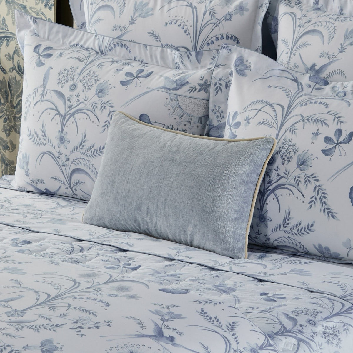 Yves Delorme Orpheo Decorative Pillow in Lupin color with coordinate bedding