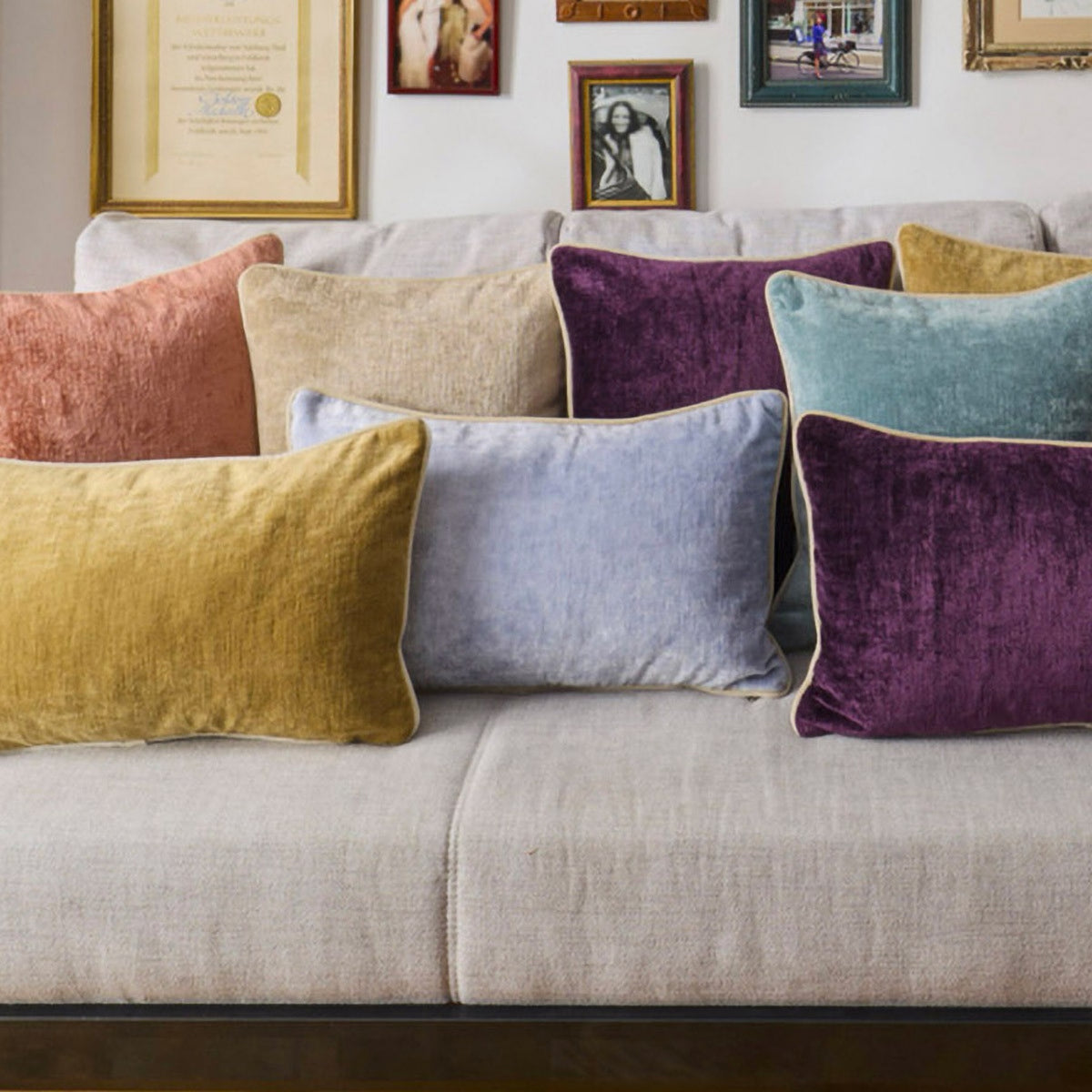 Yves Delorme Orpheo Decorative Pillows with color Lupin at the center