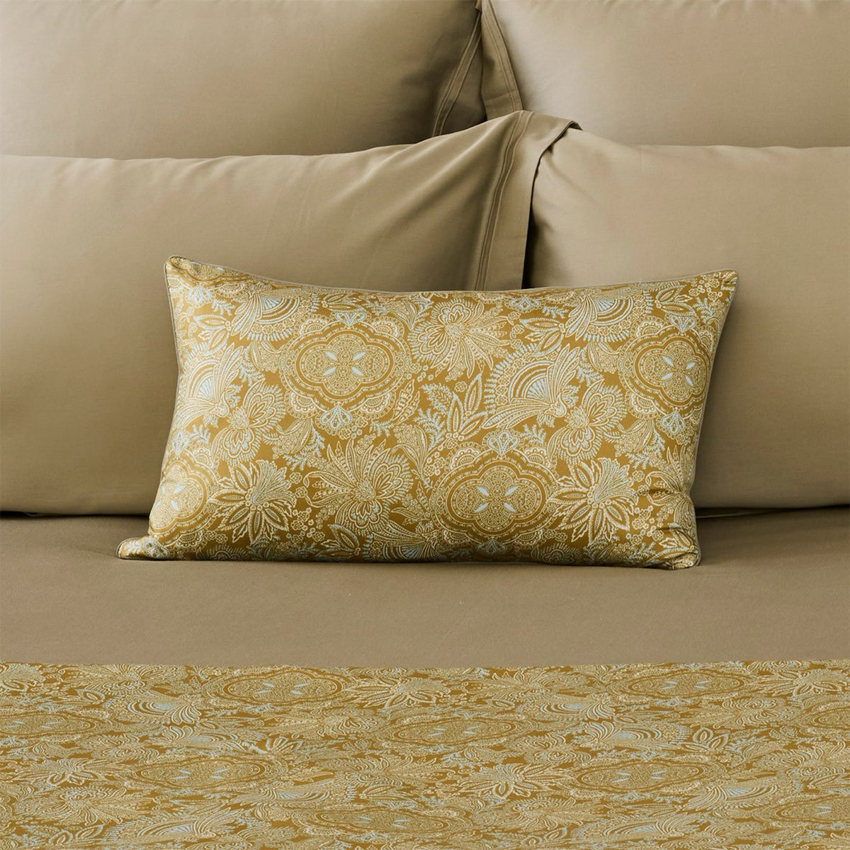 Closeup of Yves Delorme Patio Bedding Bed Runner and Decorative Pillow