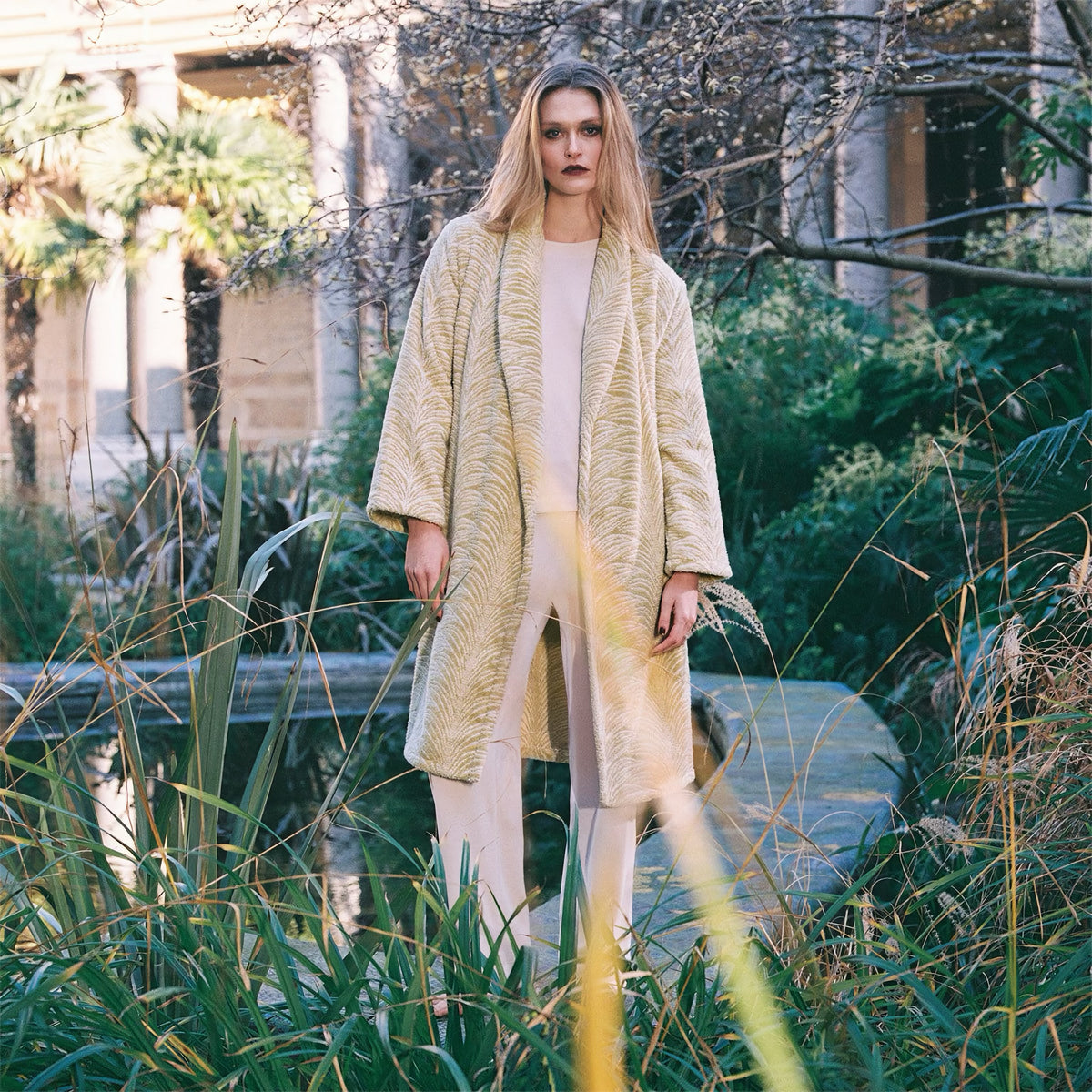 Model Wearing of Yves Delorme Pollen Bath Robe