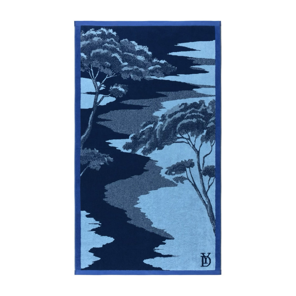 Yves Delorme Rive Beach Towel in Azure color with jacquard weave, stylized landscape