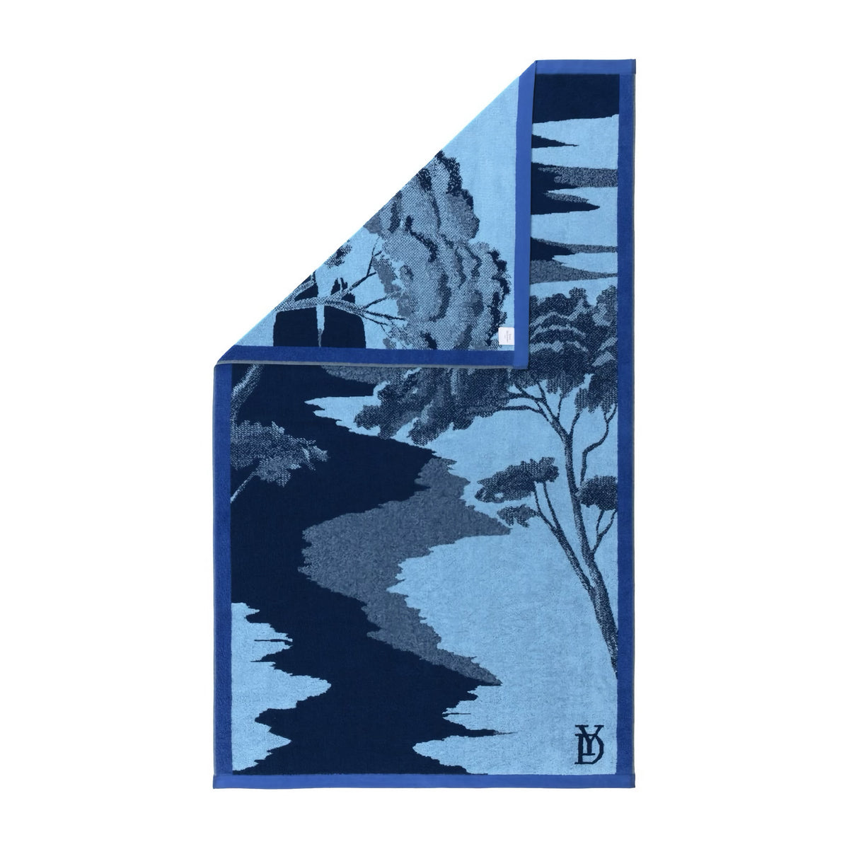 Yves Delorme Rive Beach Towel in Azure color with corner fold