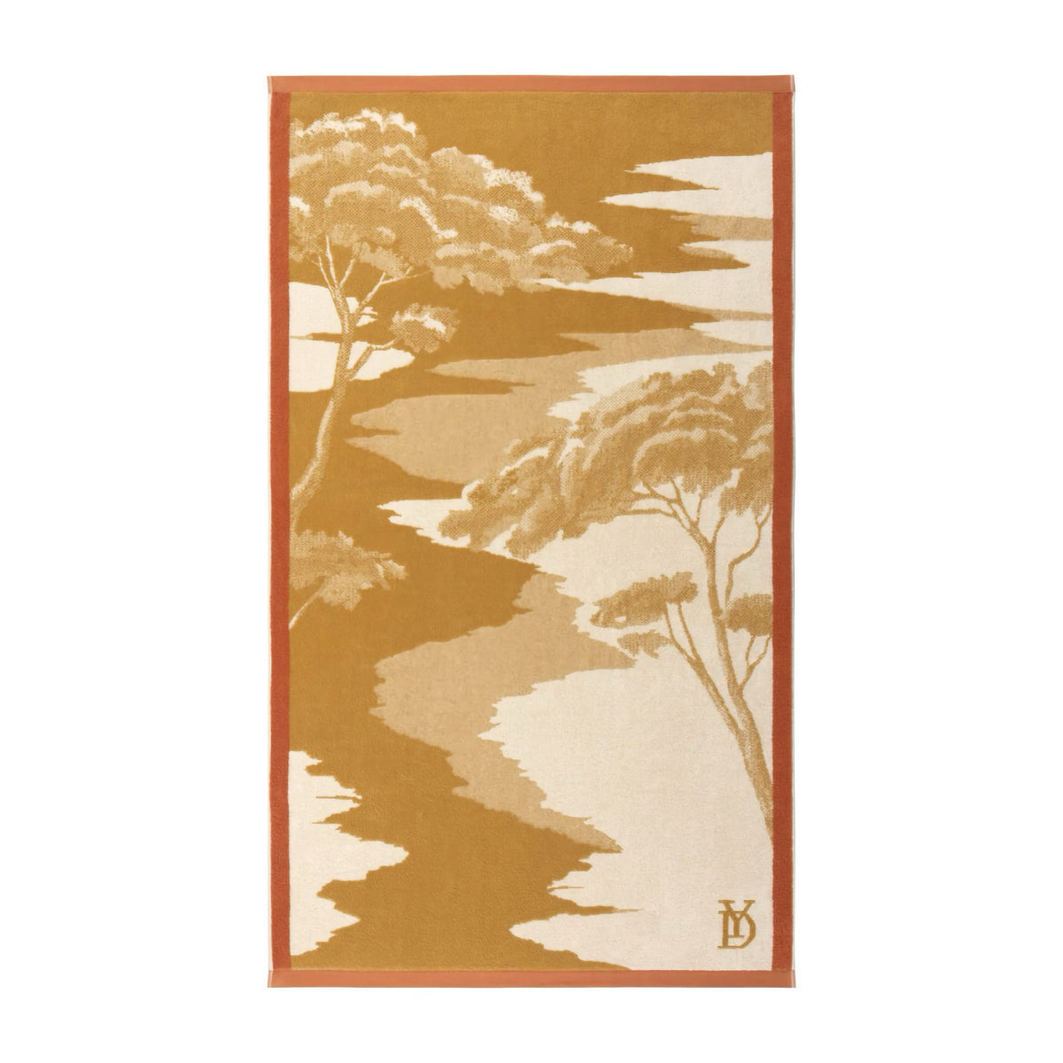 Yves Delorme Rive Beach Towel in Sable color with jacquard weave, stylized landscape