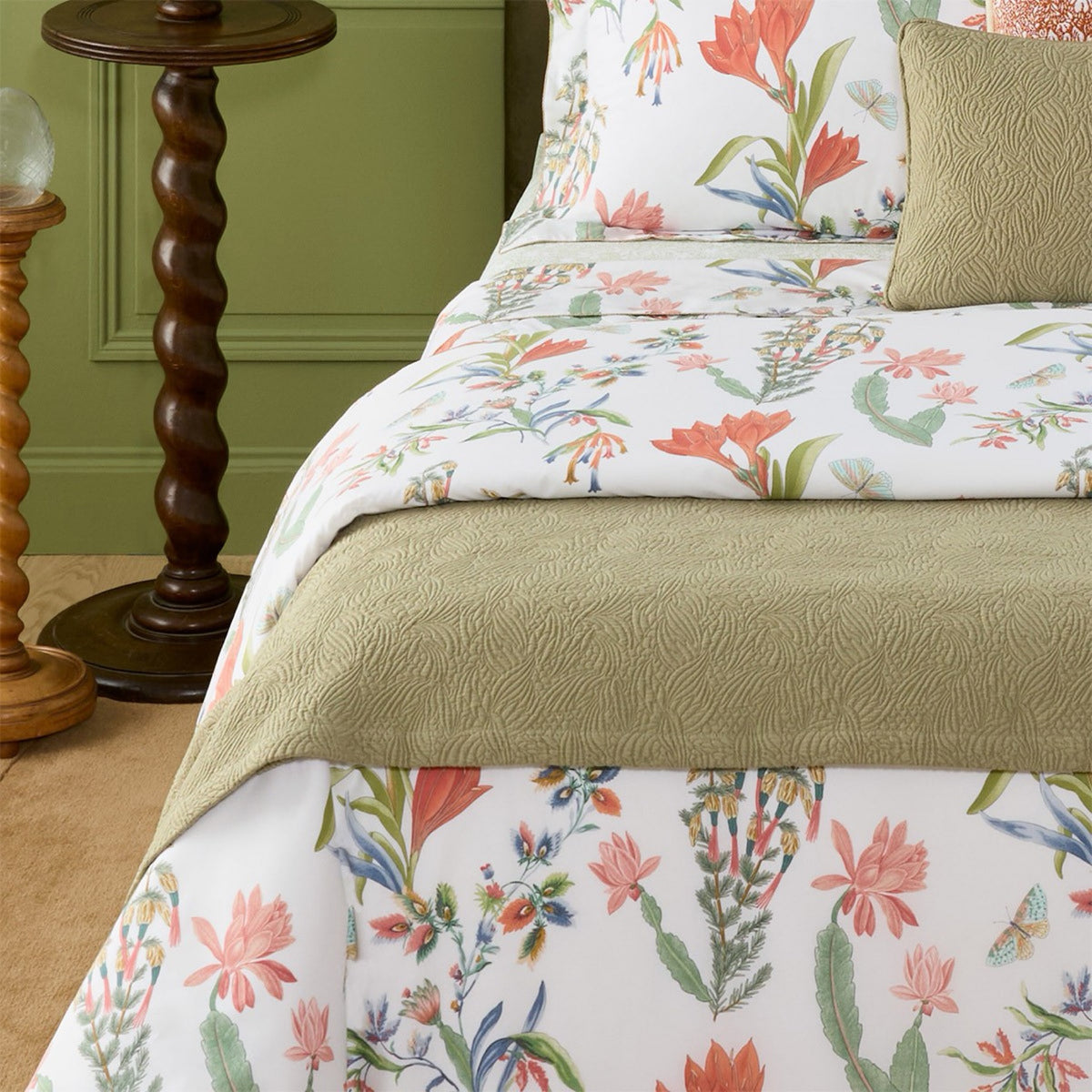 Yves Delorme Santoli Coverlet and Decorative Pillows in Kaki color with coordinate bedding