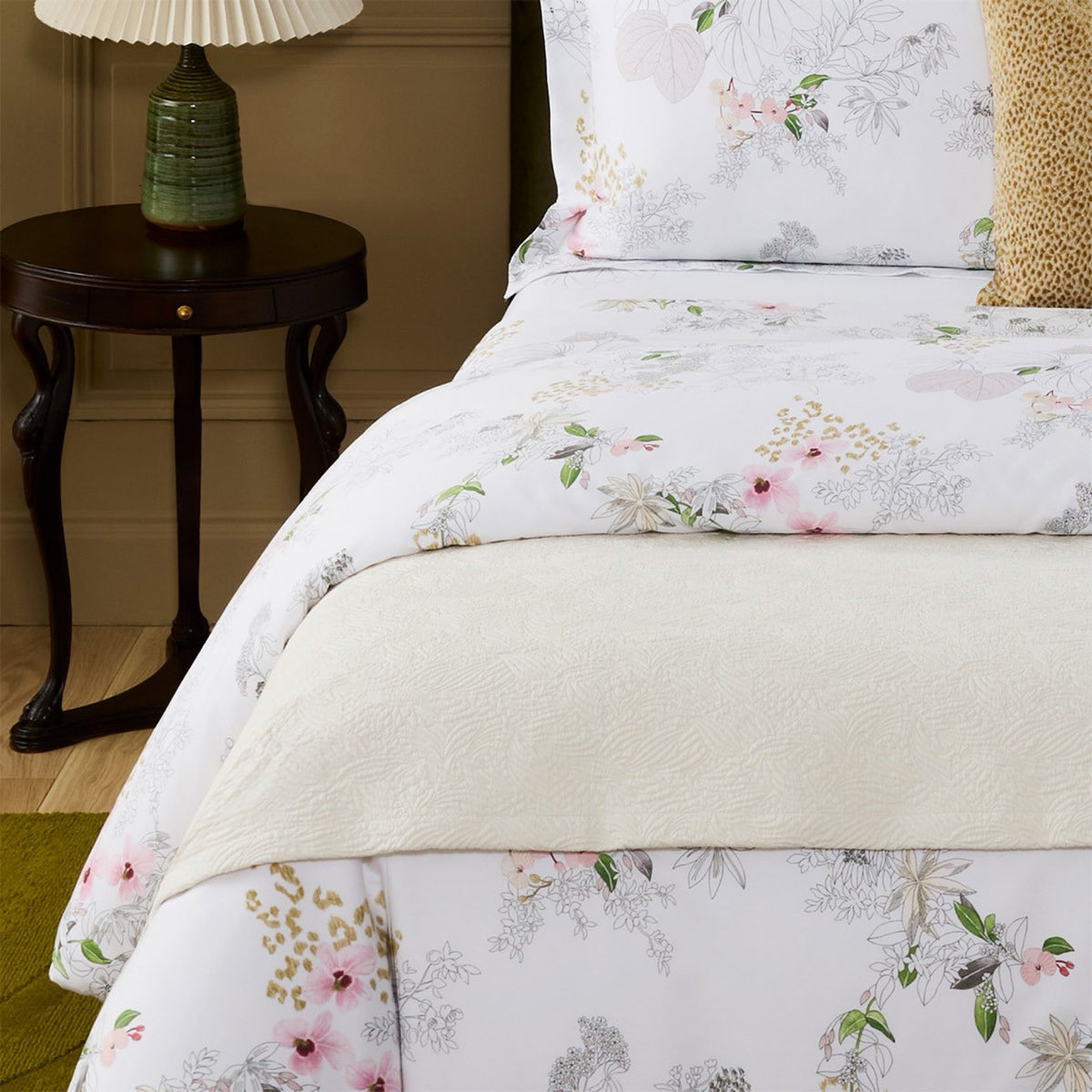 Yves Delorme Santoli Coverlet in Nacre color with coordinate bedding