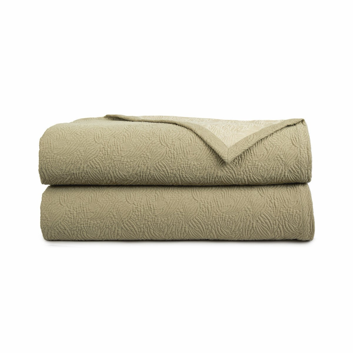 Folded Yves Delorme Santoli Coverlet in Kaki color