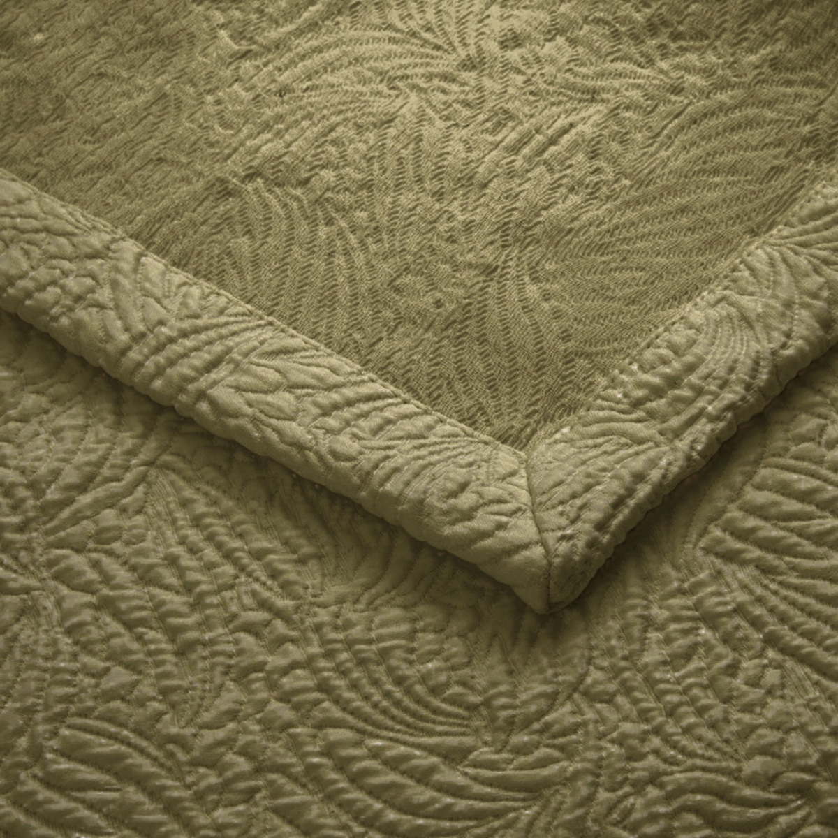 Fabric of Yves Delorme Santoli Coverlet and Decorative Pillows in Kaki color