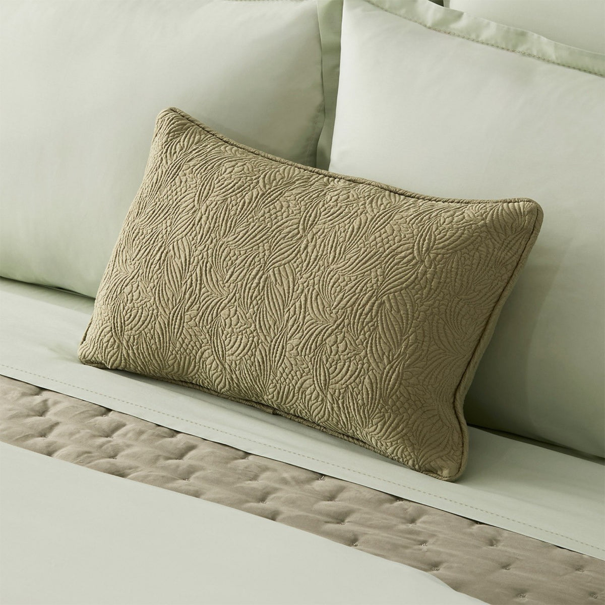 Yves Delorme Santoli Decorative Pillow in Kaki color with coordinate bedding