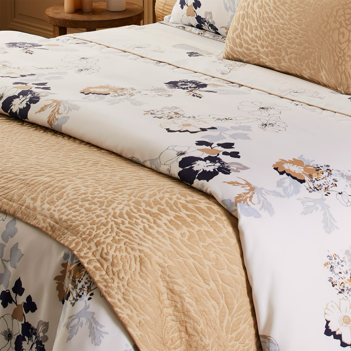 Yves Delorme Souvenir Coverlet in Dune with Coordinate Bedding 