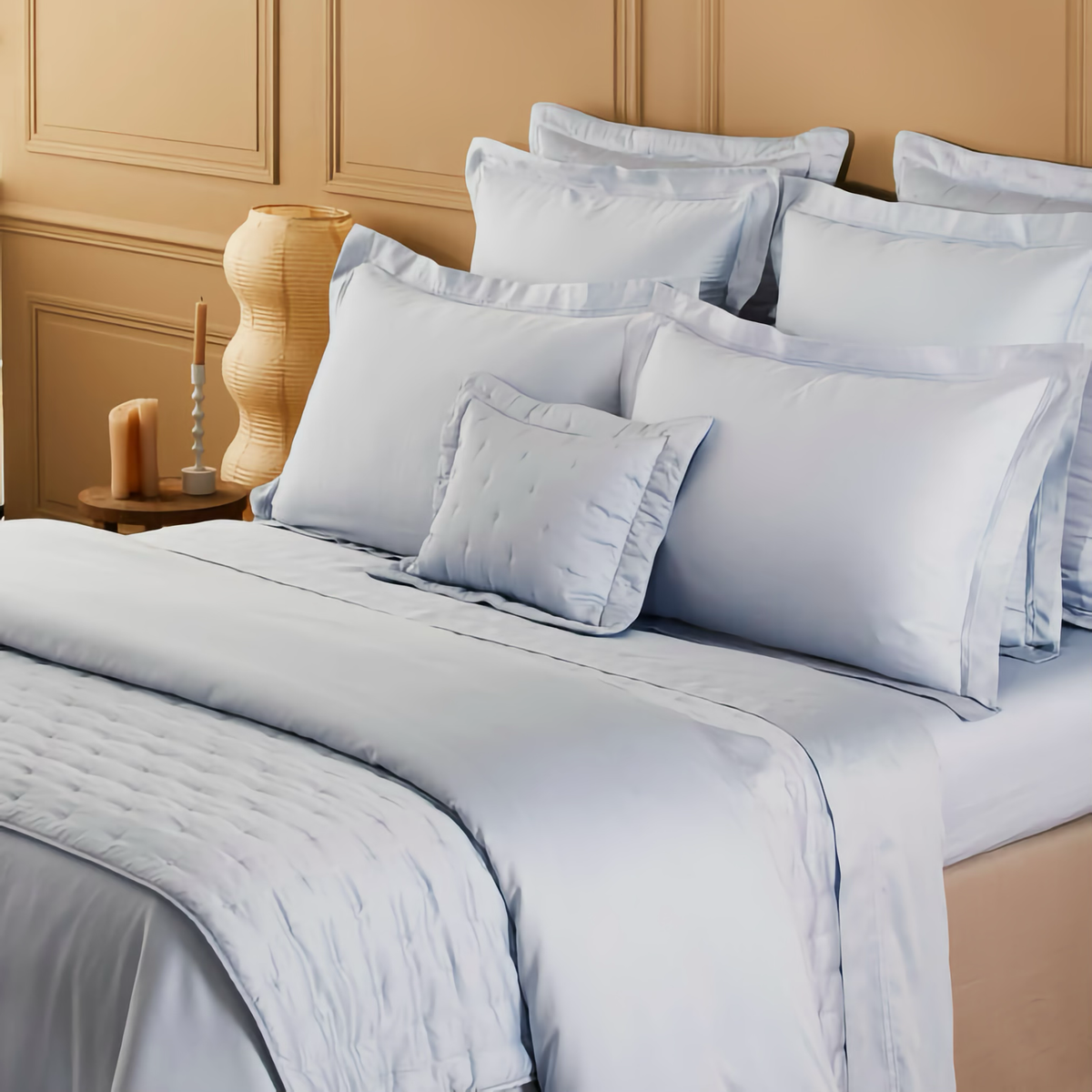 Corner of Yves Delorme Triomphe Quilted Bedding in Celeste
