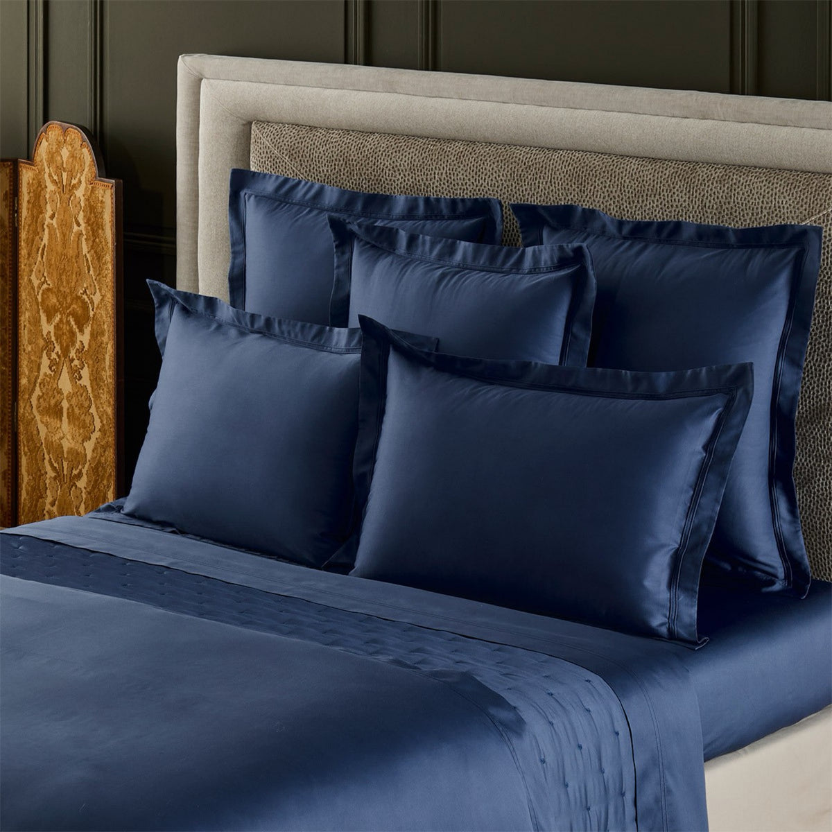 Corner View of Bed with Yves Delorme Triomphe Bedding in Outremer color