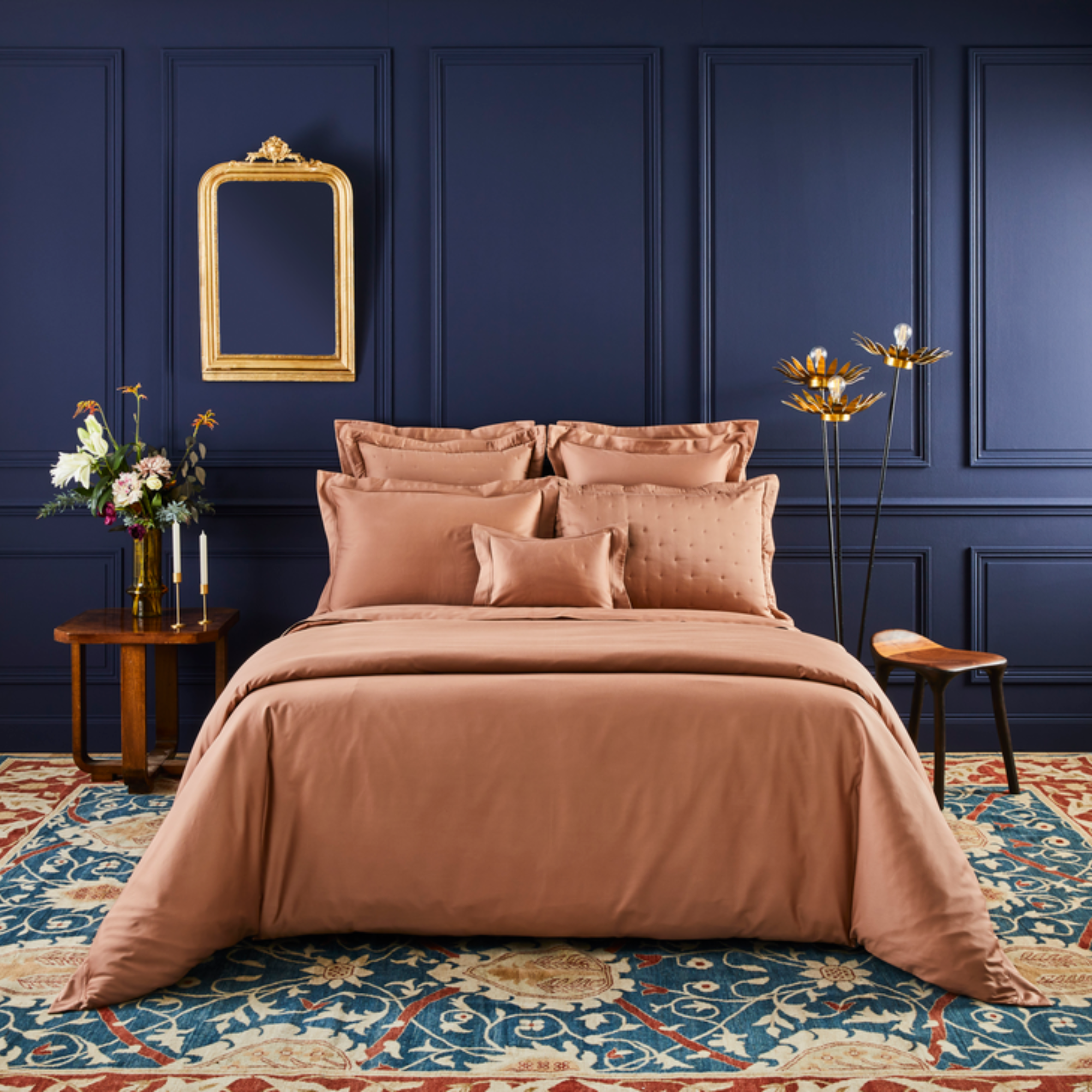 Full Bed Dressed in Yves Delorme Triomphe Bedding Fine Linen in Sienna Color