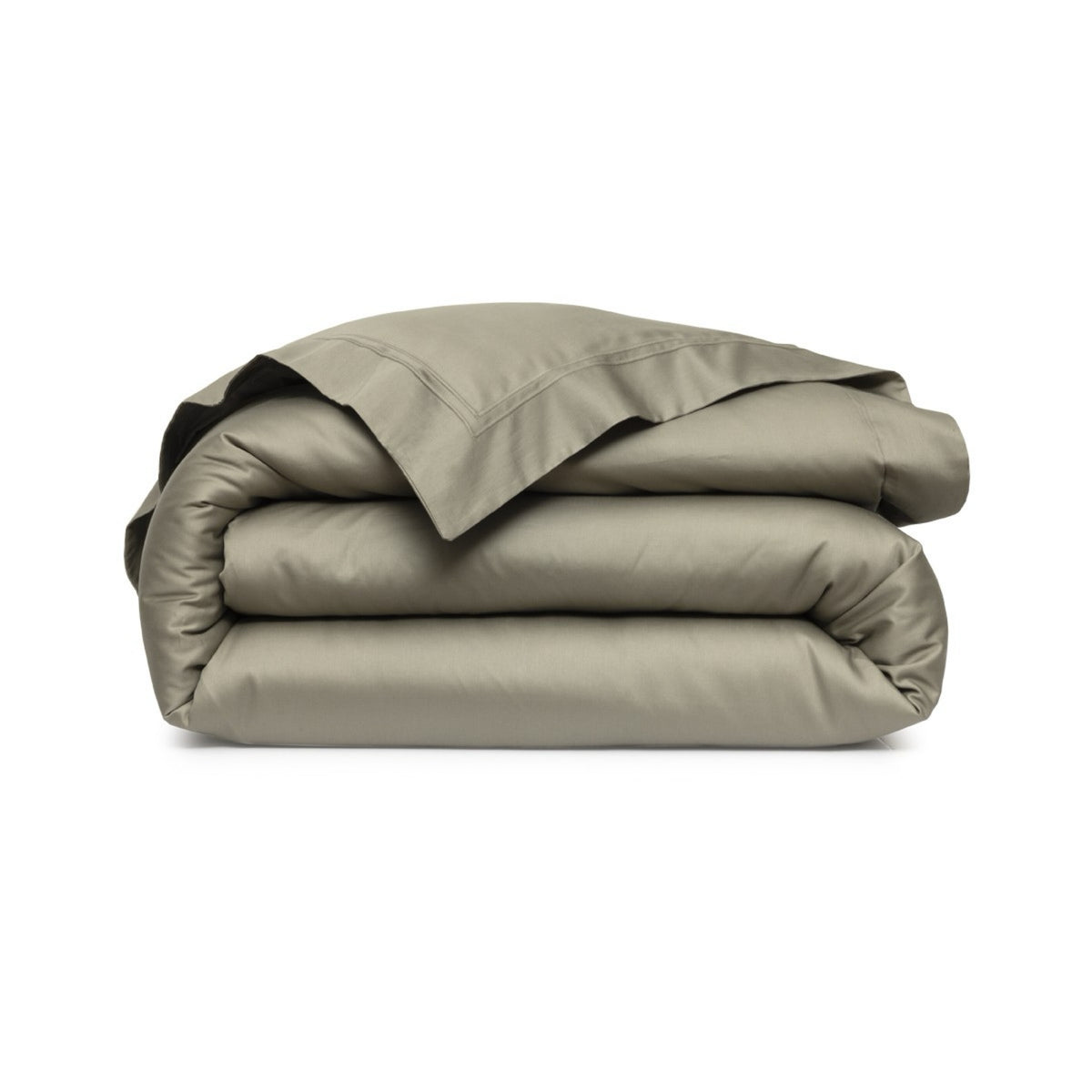 Folded Duvet Cover of Yves Delorme Triomphe in Kaki with a sateen finish is shown on white