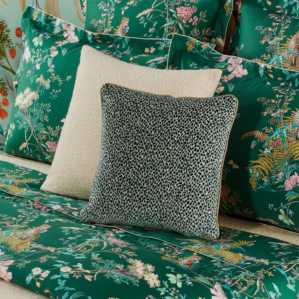 Paon Yves Delorme Zenaide Decorative Pillow with green bedding