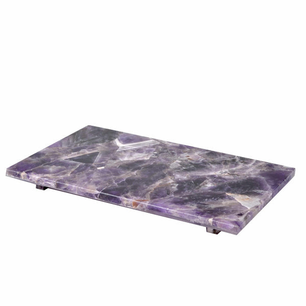 A rectangular tray of purple amethyst stone with small feet, perfect for luxury bath accessories or gemstone bathroom decor.