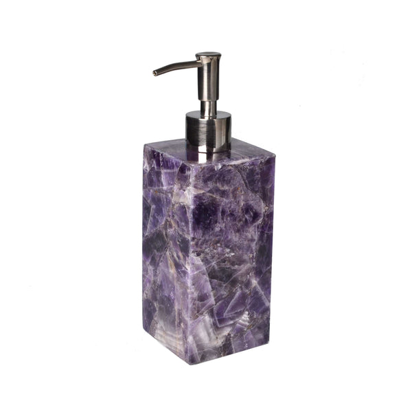 Square soap dispenser of purple and white marbled stone, luxury bath accessory with a silver pump, against a white background.