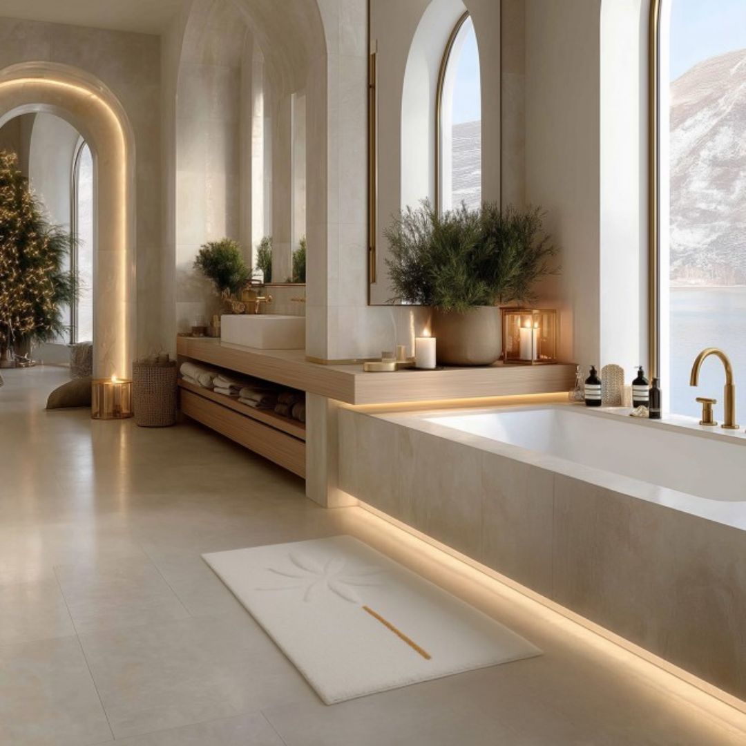 Modern bathroom with a rectangular tub, wooden vanity, and a Graccioza Sparkle Egyptian Cotton bath rug with palm trees.