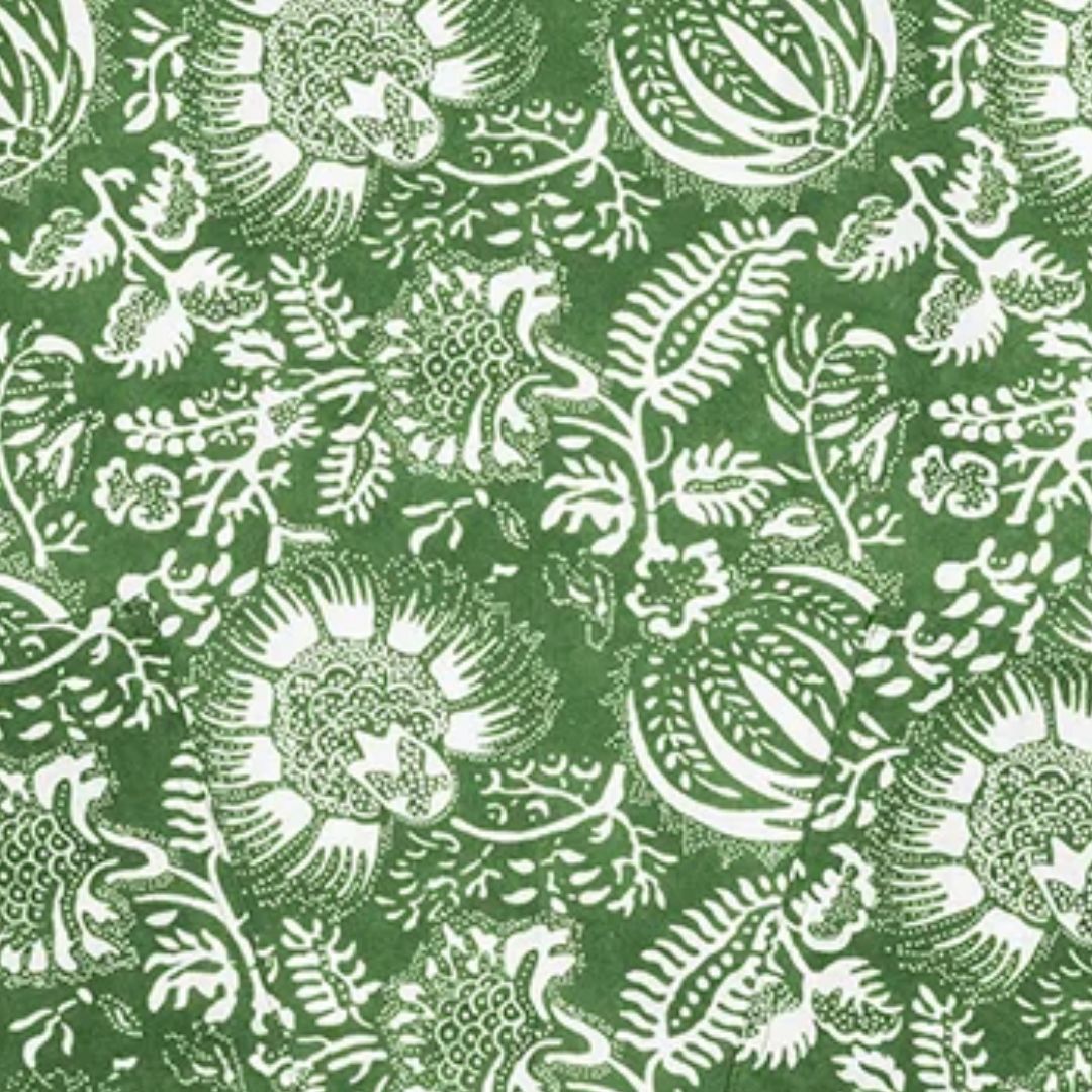 Green and white floral pattern inspired by Schumacher prints, arranged in a repeating, intricate design.