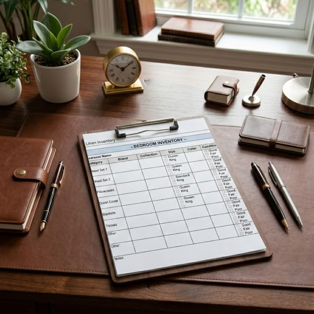 A clipboard with a Linen Inventory Form sits on a brown desk with pens, notebooks, a clock, and potted plants.