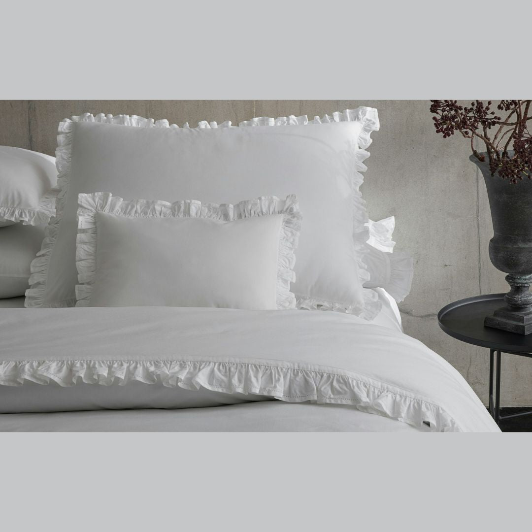 Matouk Georgia Bed with close up of shams and duvet cover with ruffles