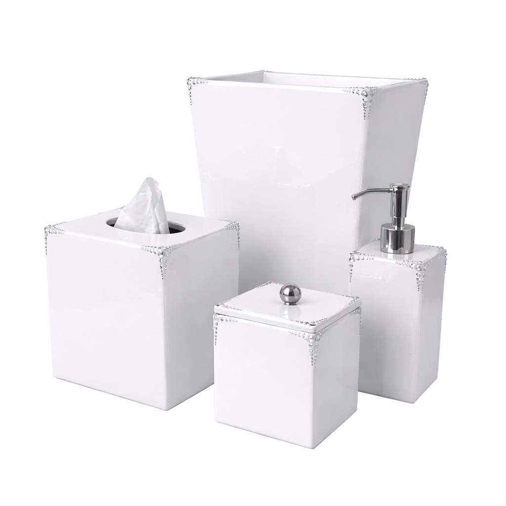 Set of Mike and Ally Waltz pearl bathroom accessories including a tissue box, canister, and soap dispenser on a white background.