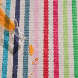 Video Showing Pine Cone Hill Rainbow Stripe Machine Washable Rug is stain resistant