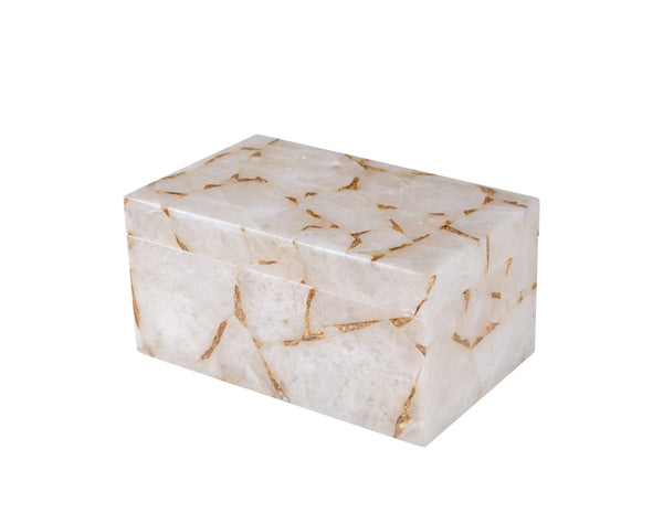 Rectangular white marble box with gold veining—an elegant addition to luxury bathroom accents.