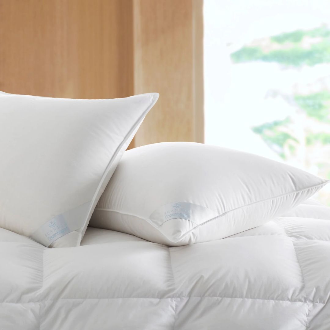 Two white pillows rest on a Scandia Home comforter filled with European white down and cotton cambric ticking.