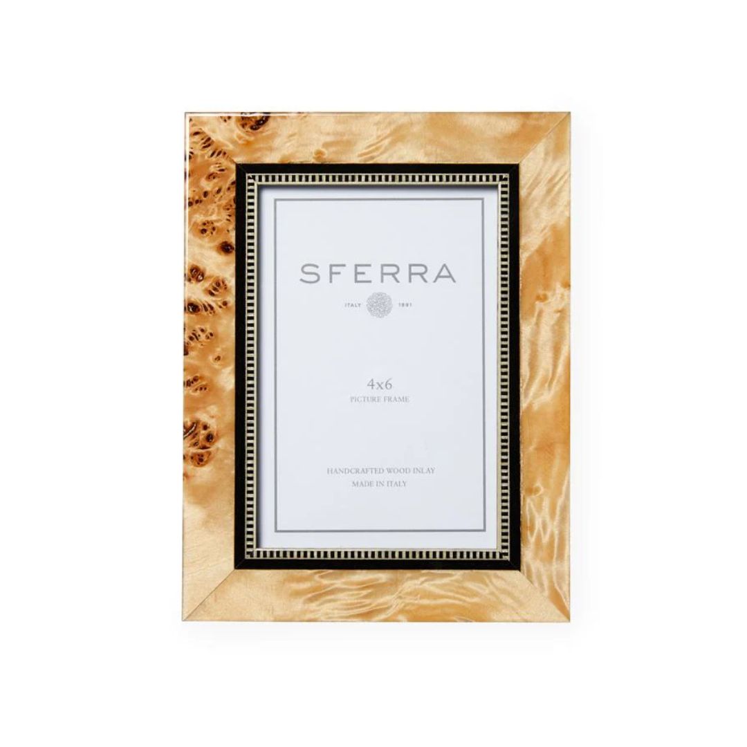 A gold-colored wood inlaid photo frame with a decorative border, displaying a placeholder card marked SFERRA 4x6 Picture Frame.