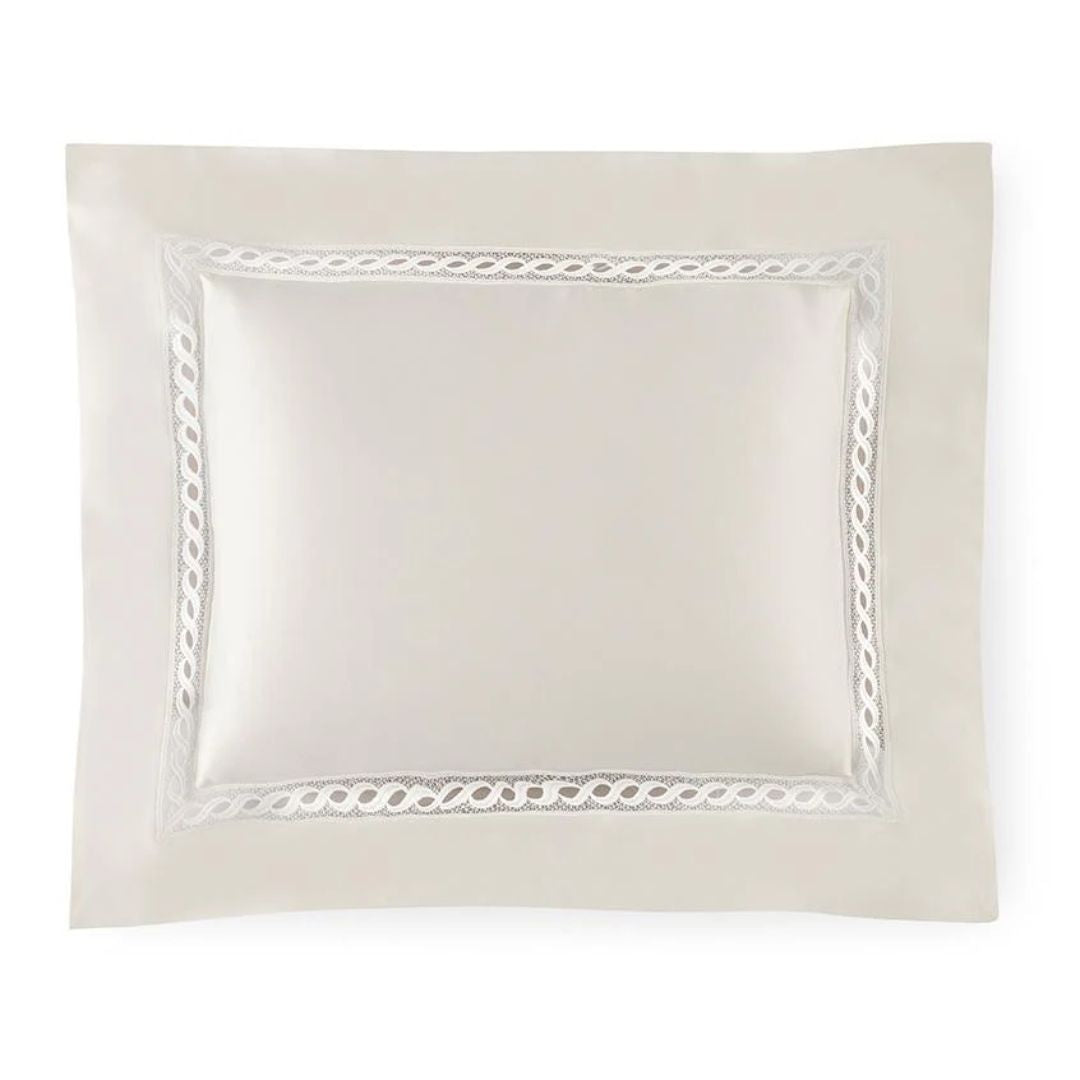 A cream-colored rectangular pillowcase with a decorative lace border, crafted from Italian spun sateen.