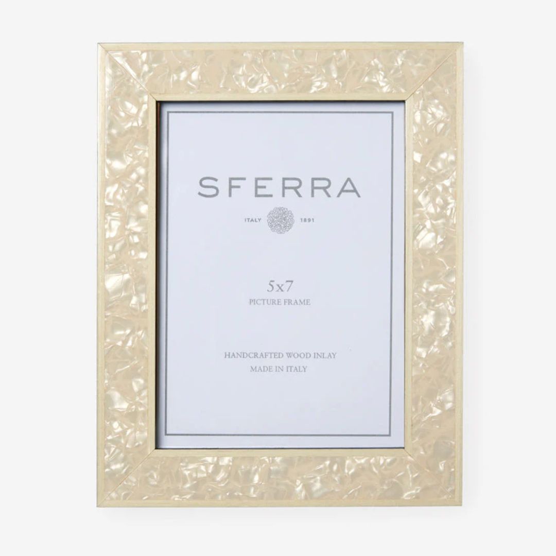 A 5x7 handcrafted Italian photo frame with a glossy, pearlescent beige inlay and an elegant insert card.