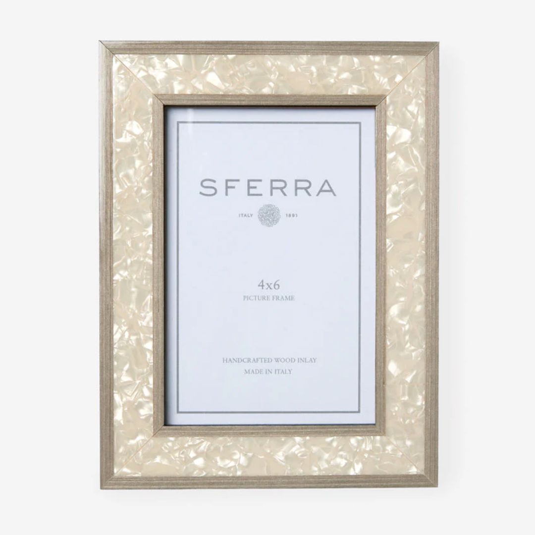A 4x6 Sferra Ravello Photo Frame with a pearlescent, textured border and silver edge, displaying a SFERRA label.