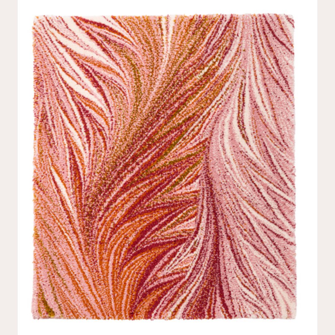Textured area rug with wavy pattern in red, orange, and pink on a white background - Habidecor Sissy Bath Rug small size