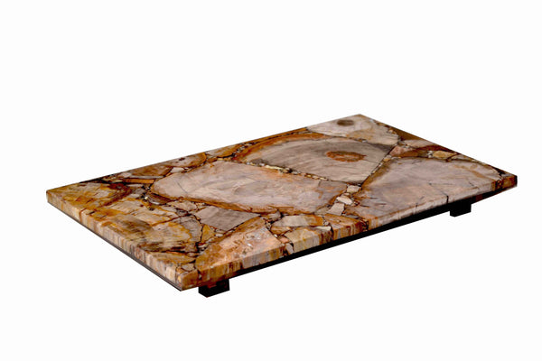 Rectangular tray with a polished, multi-toned stone surface—luxury bathroom accessory by Mike and Ally.
