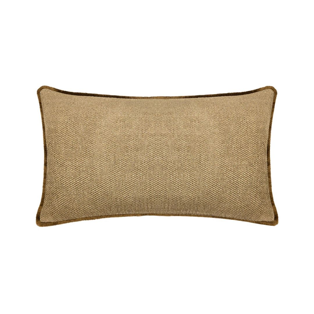 Rectangular brown textured chenille decorative pillow with a piped edge.