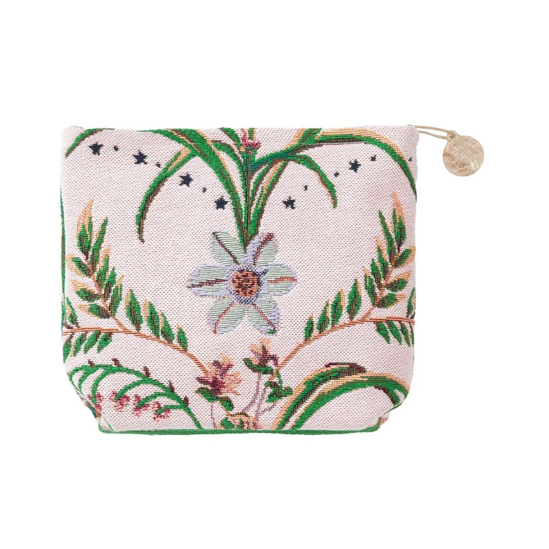 Small botanical jacquard pouch featuring a woven floral and star pattern with a round zipper pull.