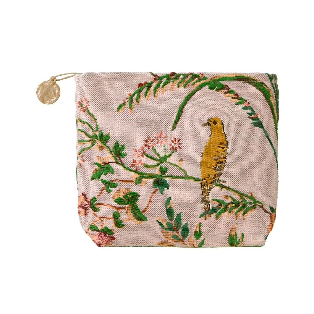 Small zippered pouch featuring a bird and floral botanical jacquard pattern on a light pink background.