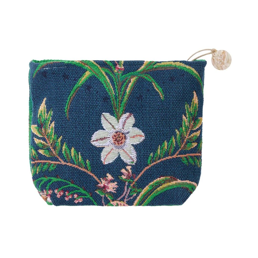 Dark blue zippered pouch featuring a woven floral jacquard tapestry design.