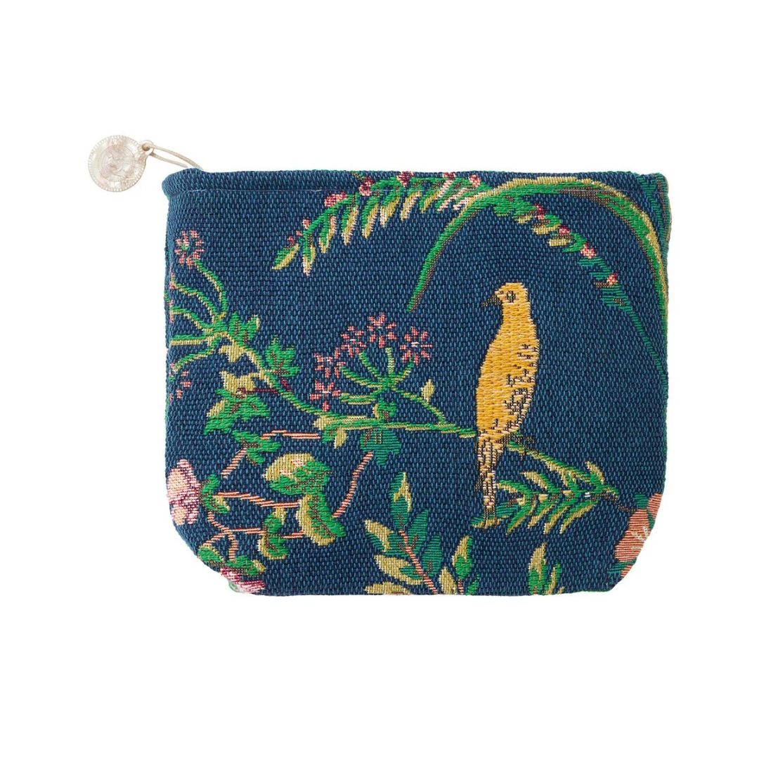 Dark blue jacquard tapestry zippered pouch featuring a woven pattern of a yellow bird, leaves, and flowers.