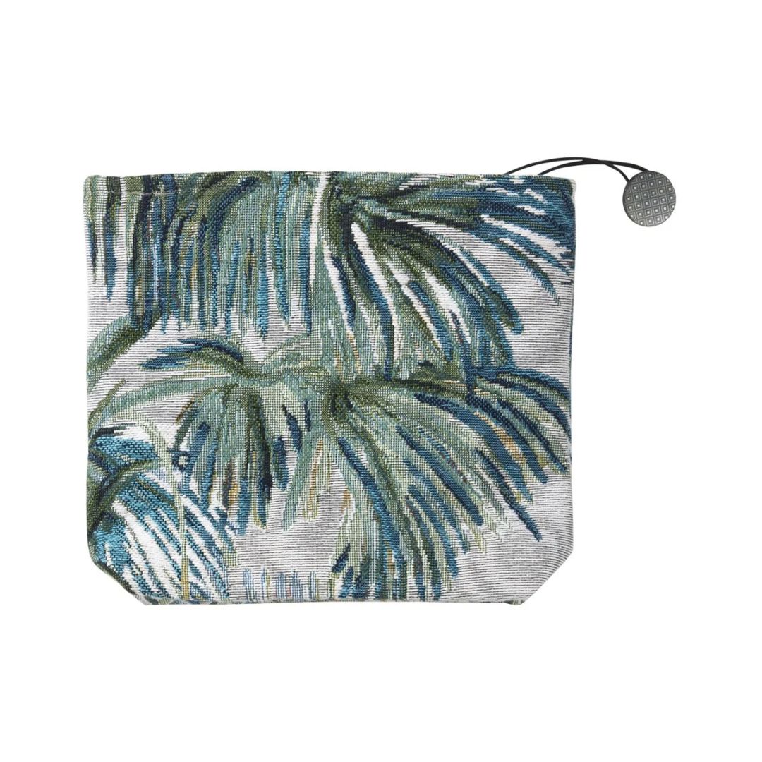 Small cotton jacquard tapestry zippered pouch featuring a blue and green palm leaf pattern.