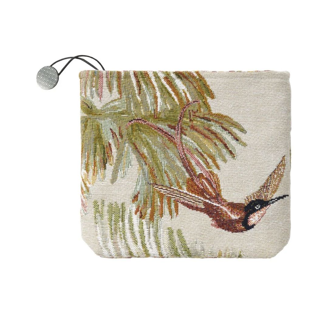 Square cotton jacquard tapestry pouch with a tropical floral motif, hummingbird, and palm leaves, finished with a zipper.