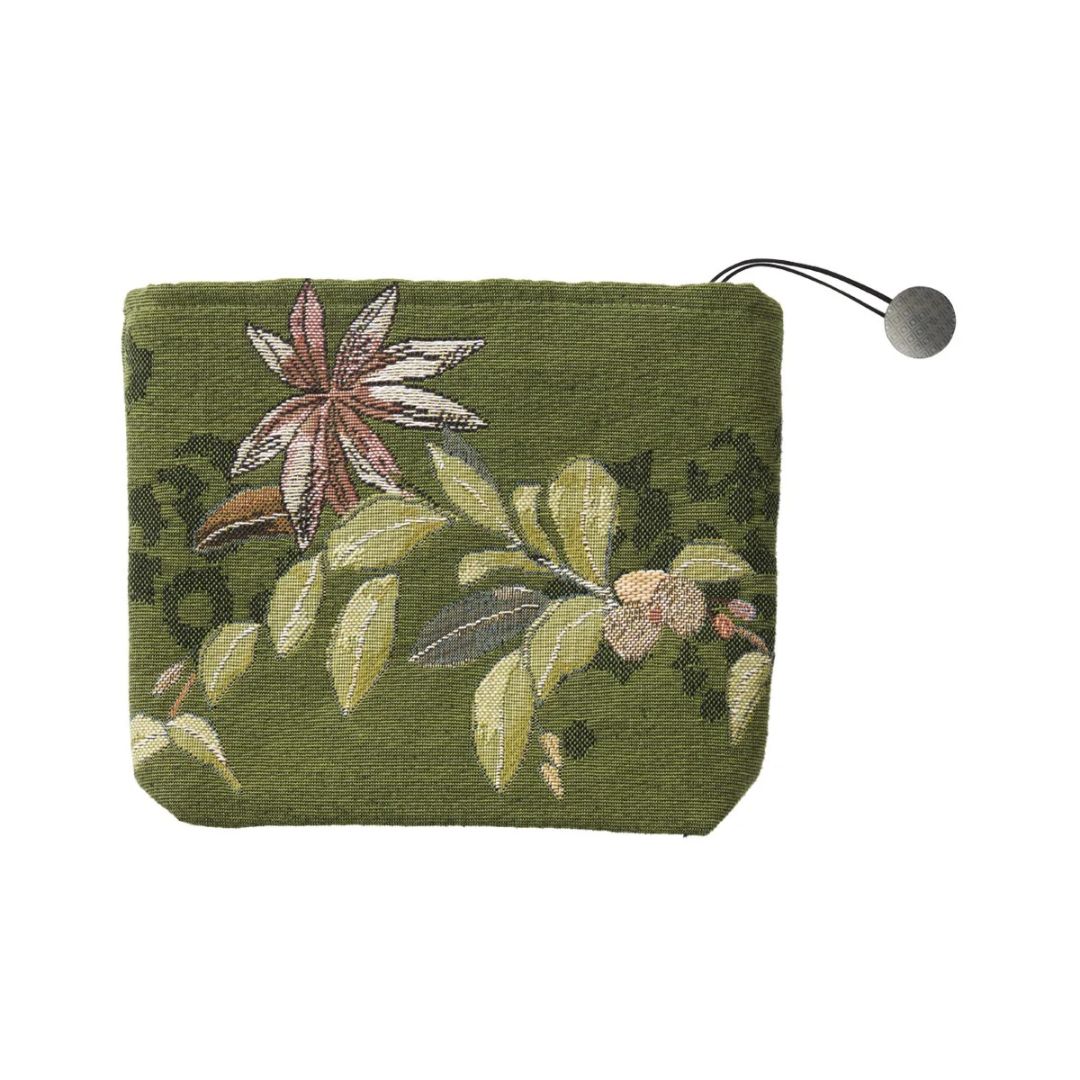 Olive green zippered pouch featuring a woven botanical motif.