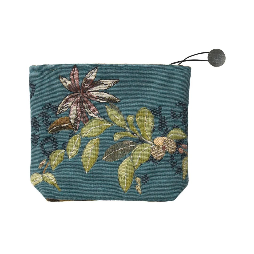Teal zippered pouch featuring a botanical motif pattern.
