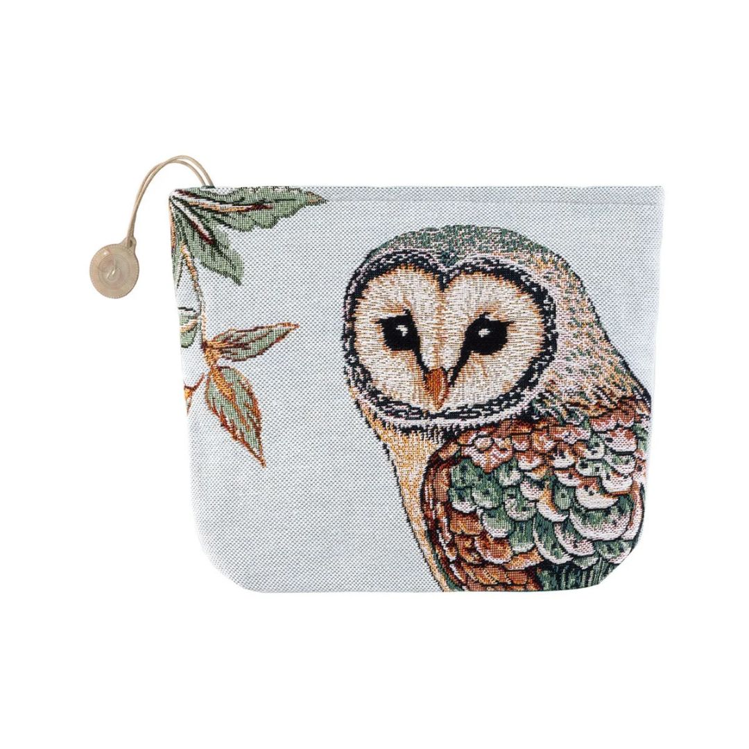 Zippered cotton jacquard tapestry pouch featuring a woven owl illustration on a pale blue background.