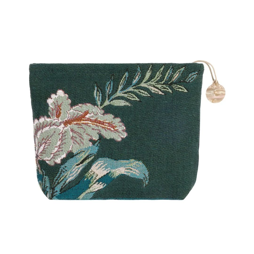 Dark green cotton jacquard tapestry pouch with a woven floral design and a round shell-style pull.