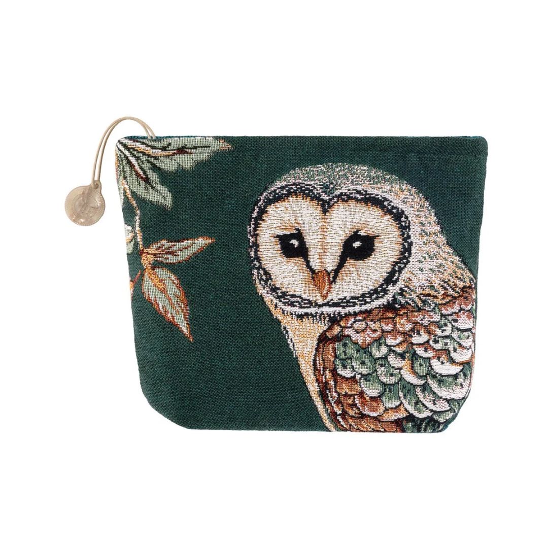 Dark green cotton jacquard tapestry pouch featuring a woven barn owl and botanical accents.