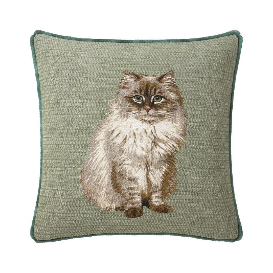 Square sage green cotton jacquard tapestry throw pillow featuring a woven feline design of a long-haired cat.