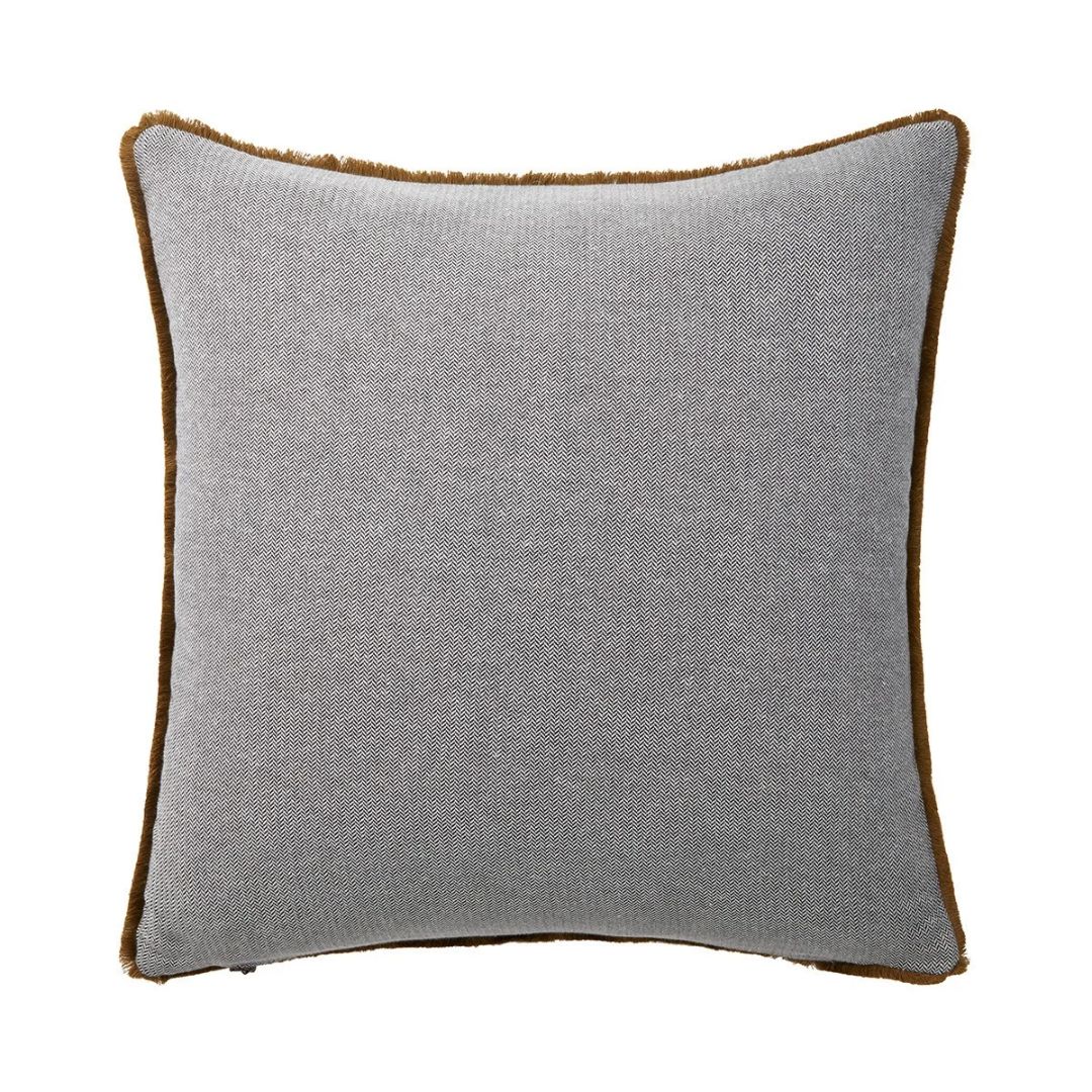 Square grey cotton jacquard tapestry pillow with a herringbone pattern and brown fringe edges.