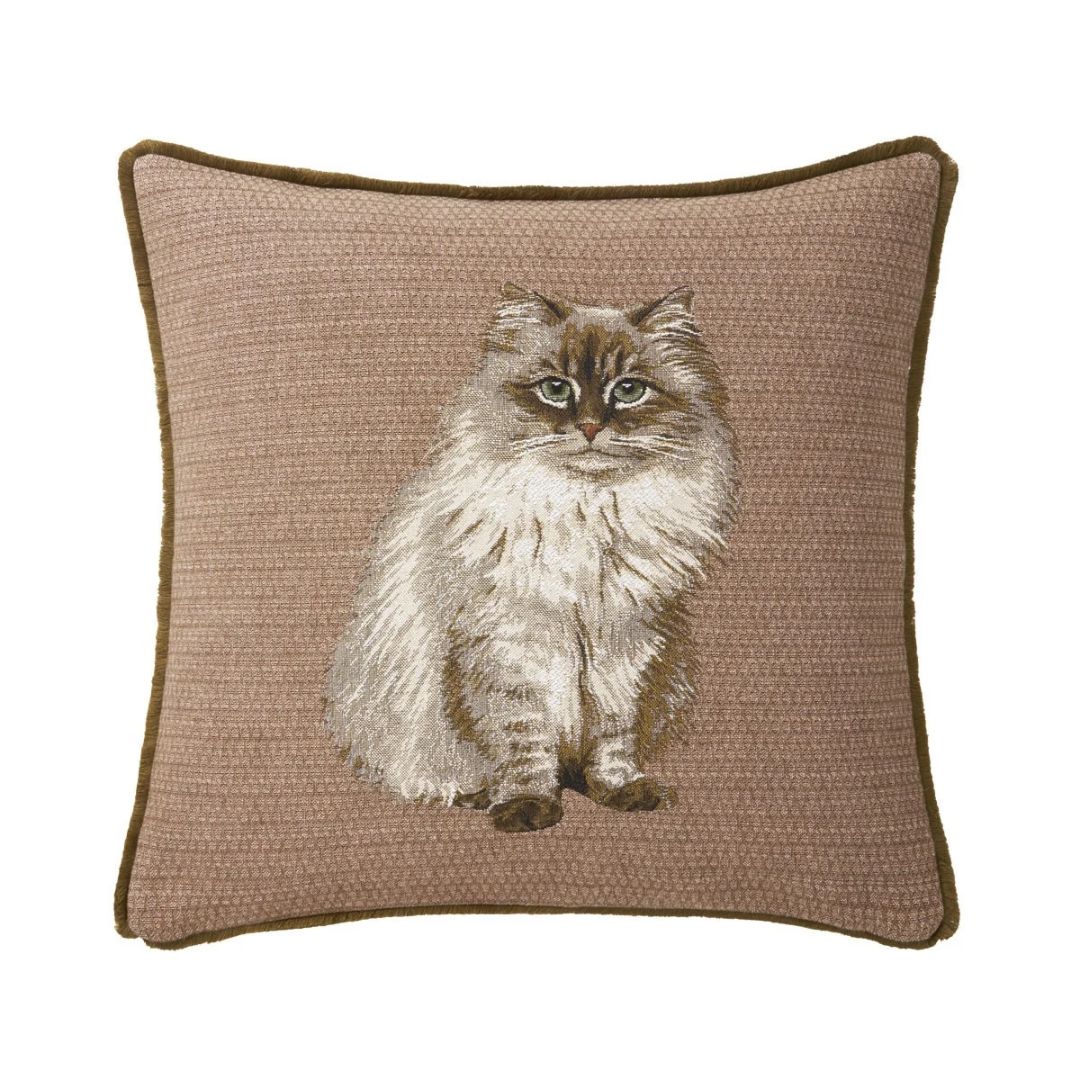 Square cotton jacquard tapestry throw pillow in light brown featuring a fluffy long-haired cat.